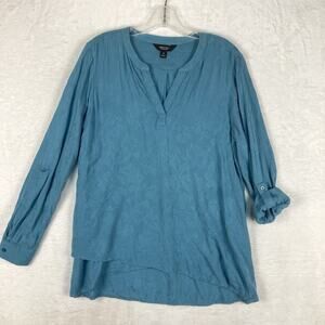 Simply Vera Wang Womens M Boho Blue Sutton Floral Burnout Roll Tab Sleeve Blouse